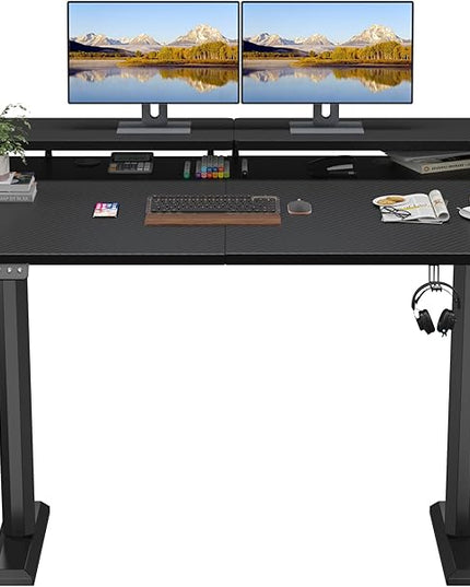Electric Standing Desk with Monitor Shelf, 55 x 24 Inches Height Adjustable Corner Table, Computer Workstation with Cup Holder and Hook for Home Office, 55 x 24 Inch, Dark Black - LeafyLoom