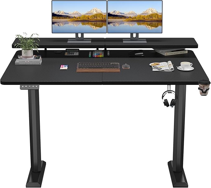 Electric Standing Desk with Monitor Shelf, 55 x 24 Inches Height Adjustable Corner Table, Computer Workstation with Cup Holder and Hook for Home Office, 55 x 24 Inch, Dark Black - LeafyLoom