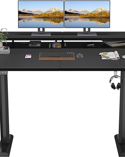 Electric Standing Desk with Monitor Shelf, 55 x 24 Inches Height Adjustable Corner Table, Computer Workstation with Cup Holder and Hook for Home Office, Black, 55x24 Inch - LeafyLoom