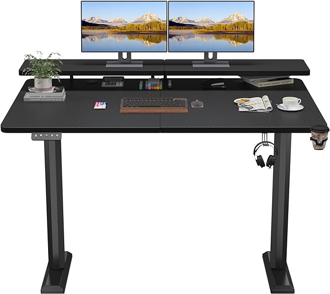 Electric Standing Desk with Monitor Shelf, 55 x 24 Inches Height Adjustable Corner Table, Computer Workstation with Cup Holder and Hook for Home Office, Black, 55x24 Inch - LeafyLoom