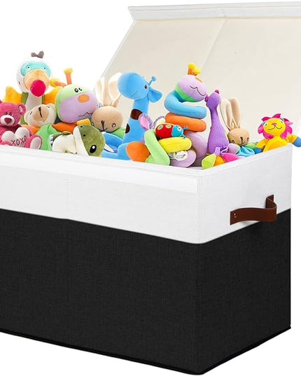 Large Toy Storage Box with Lid, Sturdy Toys Storage Chest Bin Organizer Basket with Dividers for Kids, Boys, Girls, Nursery, Closet, Bedroom, Playroom 25"x13" x16" (Black and White) - LeafyLoom