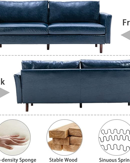 Dreamsir 80'' Faux Leather Sofa Couch, Mid-Century Modern Sofa with Solid Wooden Frame & Padded Cushions, 3-Seater Couch for Living Room, Apartment, Lounge Room (Blue) - LeafyLoom
