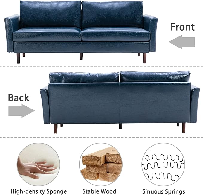 Dreamsir 80'' Faux Leather Sofa Couch, Mid-Century Modern Sofa with Solid Wooden Frame & Padded Cushions, 3-Seater Couch for Living Room, Apartment, Lounge Room (Blue) - LeafyLoom