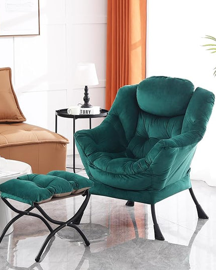 Lazy Chair and Ottoman, Large Accent Lounge Chair with Armrests and a Side Pocket, Modern Leisure Upholstered Sofa Reading Armchair with Footrest for Bedroom, Living Room, Dorm Rooms, Office - LeafyLoom