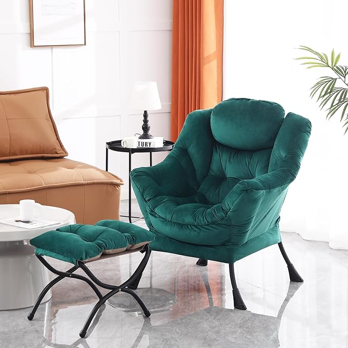 Lazy Chair and Ottoman, Large Accent Lounge Chair with Armrests and a Side Pocket, Modern Leisure Upholstered Sofa Reading Armchair with Footrest for Bedroom, Living Room, Dorm Rooms, Office - LeafyLoom