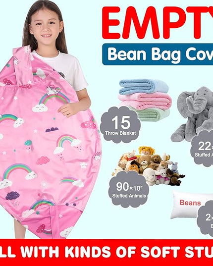 Lukeight Unicorns Stuffed Animal Storage Bean Bag Chair Cover for Kids, Unicorns Zipper Beanbag Chair Cover for Organizing Toddler & Kids' Rooms Plush Toys (Rainbow Pink, X-Large) - LeafyLoom