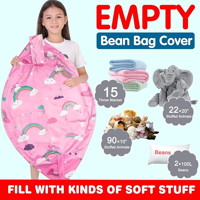Lukeight Unicorns Stuffed Animal Storage Bean Bag Chair Cover for Kids, Unicorns Zipper Beanbag Chair Cover for Organizing Toddler & Kids' Rooms Plush Toys (Rainbow Pink, X-Large) - LeafyLoom
