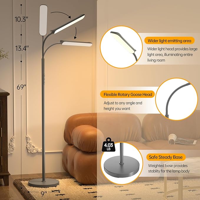 LED Floor Lamp, 18W Super Bright Floor Lamp for Living Room, Adjustable Stepless Colors & Brightness Gooseneck Standing Lamp, Eye Caring Reading Light with Remote& Touch Control for Bedroom Office - LeafyLoom