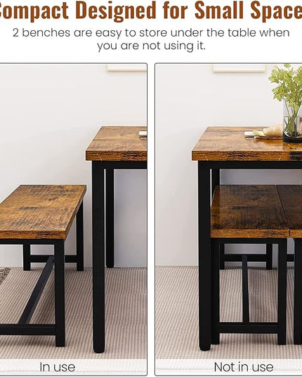 DKLGG 3-Pieces Dining Table Set with 2 Benches, Dining Table Set for 4, Wood Kitchen Table and Chairs Sets w/Metal Frame, Dining Sets for Small Spaces Kitchen Dining Room Restaurants (Rustic Brown) - LeafyLoom