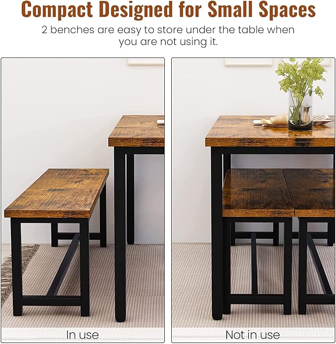 DKLGG 3-Pieces Dining Table Set with 2 Benches, Dining Table Set for 4, Wood Kitchen Table and Chairs Sets w/Metal Frame, Dining Sets for Small Spaces Kitchen Dining Room Restaurants (Rustic Brown) - LeafyLoom