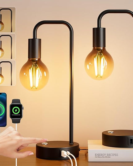 QiMH Industrial Table Lamps for Living Room, Farmhouse Table Lamp with USB A+C Ports, Minimalist Bedside Lamps set of 2, Touch Control Stepess Dimmable,8W G80 Globe Bulb, Black Lamps for Bedroom - LeafyLoom