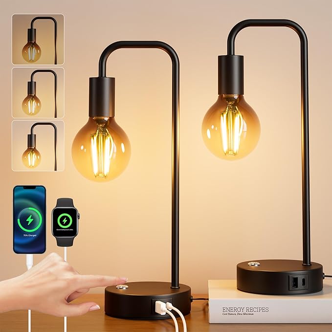 QiMH Industrial Table Lamps for Living Room, Farmhouse Table Lamp with USB A+C Ports, Minimalist Bedside Lamps set of 2, Touch Control Stepess Dimmable,8W G80 Globe Bulb, Black Lamps for Bedroom - LeafyLoom