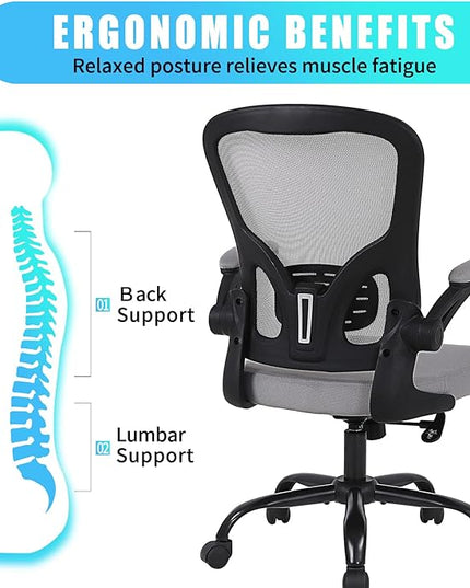 Ergonomic Office Desk Chair Breathable Mesh Swivel Computer Chair, Lumbar Back Support Task Chair, Grey Office Chairs with Flip-up Arms, Adjustable Height Executive Rolling Chair - LeafyLoom