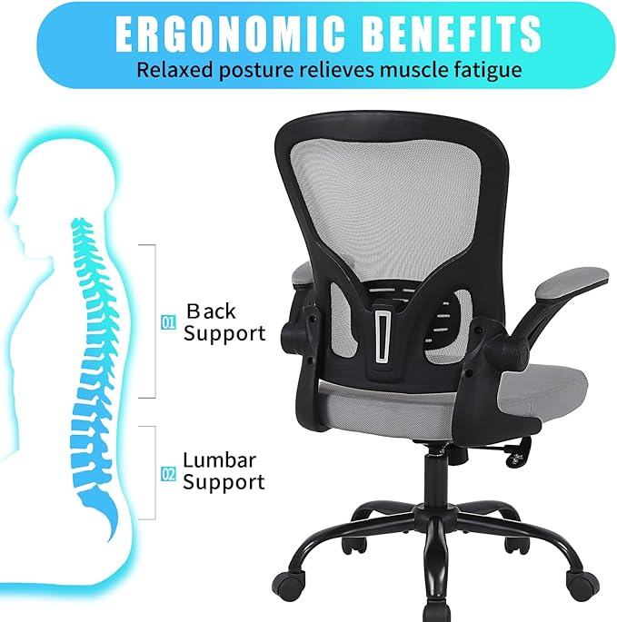 Ergonomic Office Desk Chair Breathable Mesh Swivel Computer Chair, Lumbar Back Support Task Chair, Grey Office Chairs with Flip-up Arms, Adjustable Height Executive Rolling Chair - LeafyLoom