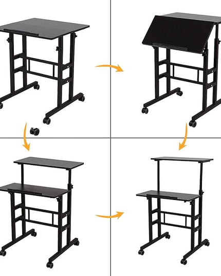 sogesfurniture Mobile Standing Desk Laptop Workstation on Wheels, Adjustable Computer Desk for Standing or Sitting, Black 101-BK - LeafyLoom