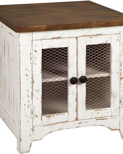 Signature Design by Ashley Wystfield Farmhouse Square Storage Coffee Table with Hinged Lift Top, Distressed White and End Table with Storage, Distressed White & Brown Finish - LeafyLoom