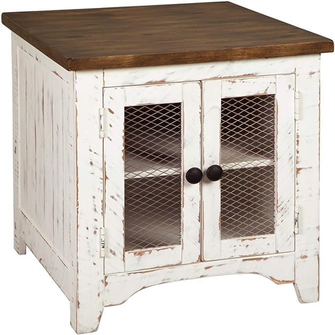 Signature Design by Ashley Wystfield Farmhouse Square Storage Coffee Table with Hinged Lift Top, Distressed White and End Table with Storage, Distressed White & Brown Finish - LeafyLoom