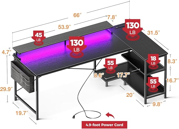 ODK 66 Inch Gaming Desk with USB Charging Ports and LED Lights, Reversible L Shaped Computer Desk with Storage Shelves & Monitor Stand, Corner Gamer Desk Table with Power Outlets, Black - LeafyLoom