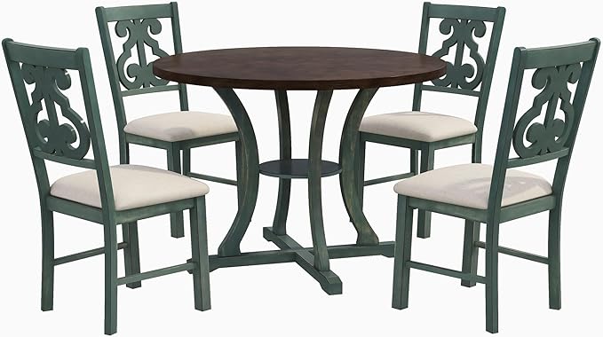 5 Piece Industrial Dinette Sets Wooden Kitchen Dining Table and 24 Matching Upholstered Chairs, for Diningroom Living Room, Easy to Assemble, Antique Blue - LeafyLoom
