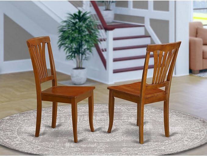East West Furniture Avon Dining Room Slat Back Wooden Seat Chairs, Set of 2, Saddle Brown - LeafyLoom