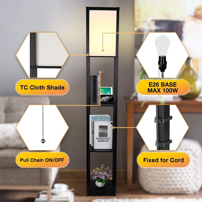 SHINE HAI 3-in-1 Shelf Floor Lamp with 1 USB&Type C&1 AC Outlet, 3-Tiered LED Shelf Lamp, Shelf & Storage Floor Lamp Combination Modern Standing Light - LeafyLoom