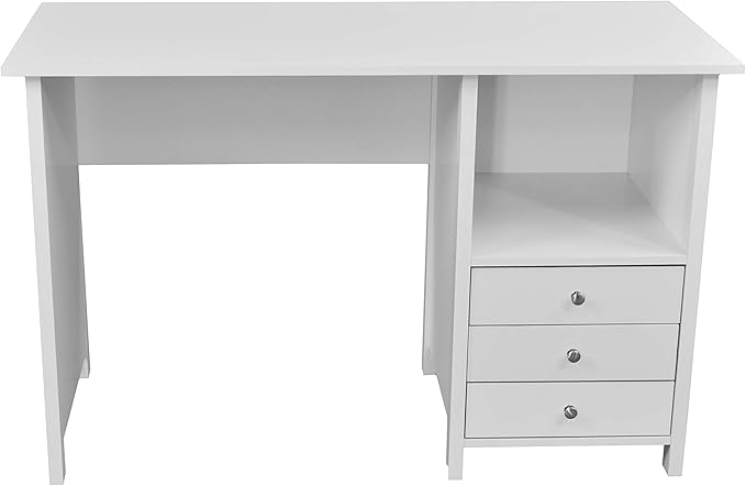 Techni Mobili White Desk with Drawers - Small Office Desk with 3 Cabinet Drawers, Open Shelf, & Laminated Wooden Panels Office & Study Table for Bedroom & Workstations - LeafyLoom
