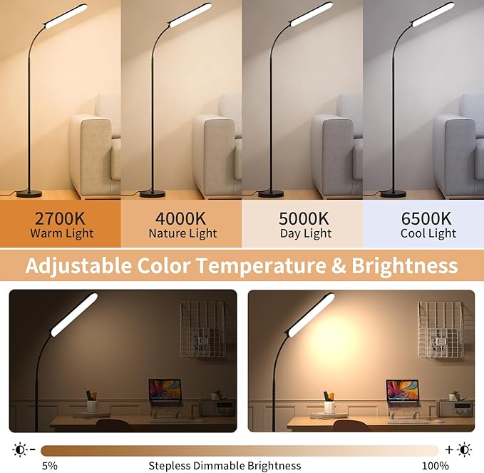 [2024 New] Frideko LED Floor Lamp, 18W 1800LM Super Bright Floor Light with Remote & Touch Control, Dimmable Timing 4 Colors Eye Caring Reading Light, Gooseneck Modern Standing Lamp for Living Room - LeafyLoom