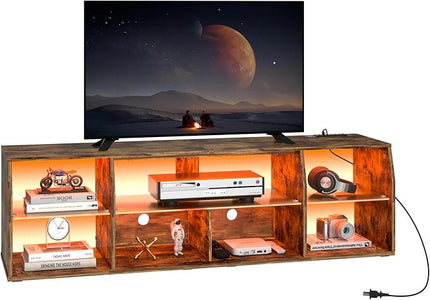 VECELO LED Gaming TV Stand with Power Outlets Television Cabinet with 7 Open Storage Shelves, Industrial Entertainment Center for Living Room and Bedroom, Retro Brown, 65inch - LeafyLoom