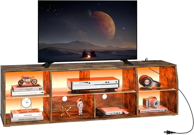 VECELO LED Gaming TV Stand with Power Outlets Television Cabinet with 7 Open Storage Shelves, Industrial Entertainment Center for Living Room and Bedroom, Retro Brown, 65inch - LeafyLoom