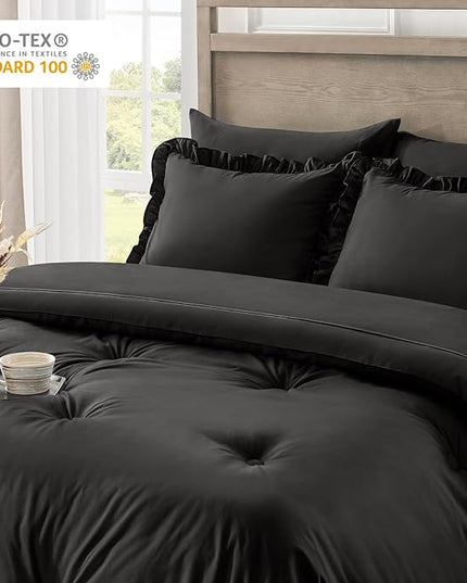 Queen Bed in a Bag 7 Pieces Comforter Set Queen, Ruffle Bedding Comforter Set Black Bed Set with Comforter, Pillowcases, Flat Sheet, Fitted Sheet and Pillow Shams - LeafyLoom
