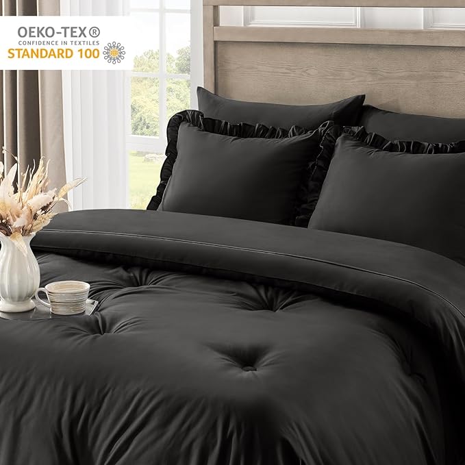 Queen Bed in a Bag 7 Pieces Comforter Set Queen, Ruffle Bedding Comforter Set Black Bed Set with Comforter, Pillowcases, Flat Sheet, Fitted Sheet and Pillow Shams - LeafyLoom