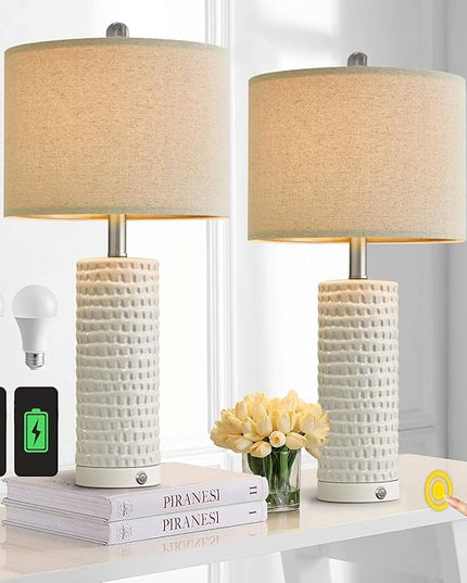 PORTRES 24" Farmhouse 3-Way Dimmable Touch Ceramic Table Lamp Set of 2 for Bedroom White Bedside Lamps with USB A+C Charging Ports for Living room Nightstand Lamp End Table lamps - LeafyLoom