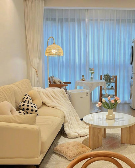 Boho Rattan floor lamp with Natural Rattan Shade, Rustic Arc Standing Lamp for Coastal, Beach or Bohemian Style Decor, E26 bulb, On/Off Footswitch Lamp for living room, Bedroom - LeafyLoom