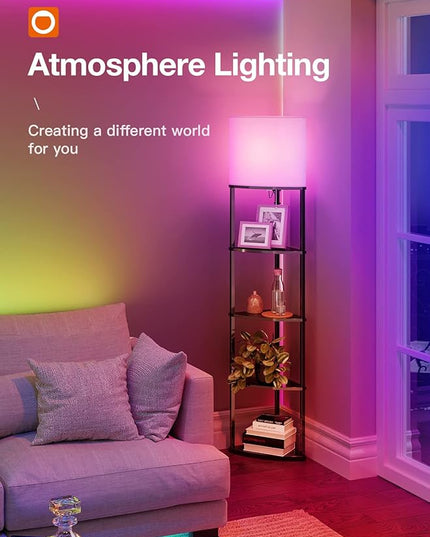 addlon Smart 5-Tier Shelf Floor Lamp with RGB Bulb and White Lamp Shade - Corner Display Floor Lamps with Shelves for Living Room, Bedroom and Office - Black - LeafyLoom