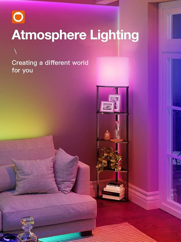 addlon Smart 5-Tier Shelf Floor Lamp with RGB Bulb and White Lamp Shade - Corner Display Floor Lamps with Shelves for Living Room, Bedroom and Office - Black - LeafyLoom