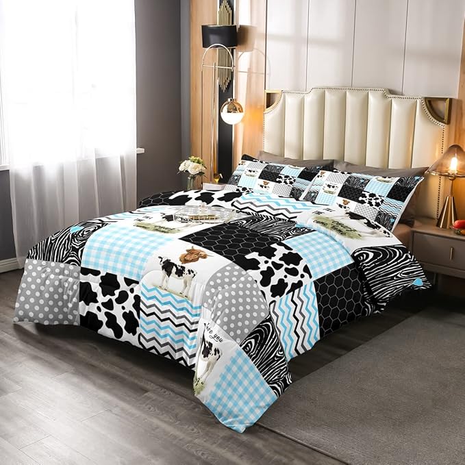 Erosebridal Kawaii Cow Print Comforter Set - Full Size, Blue Black Grey, 3 Pieces - LeafyLoom