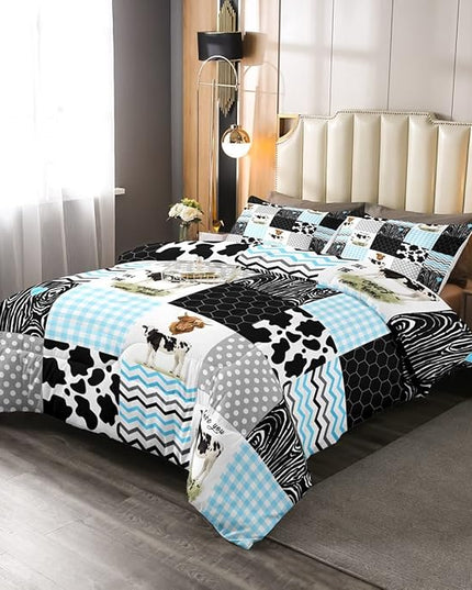 Cute Cow Print Comforter Set Queen Size Kawaii Highland Cow Bedding Set Bedroom Decor Honeycomb Plaid Pattern Geometric Stripes Down Comforter Cartoon Farm Animals Duvet Set, Blue Black Grey - LeafyLoom