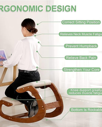 Predawn Ergonomic Kneeling Chair,Rocking Knee Chair Upright Posture Chair for Home Office Meditation Wooden & Linen Cushion-Office Chair for Back Neck Pain Relief & Improving Posture (Pecan) - LeafyLoom