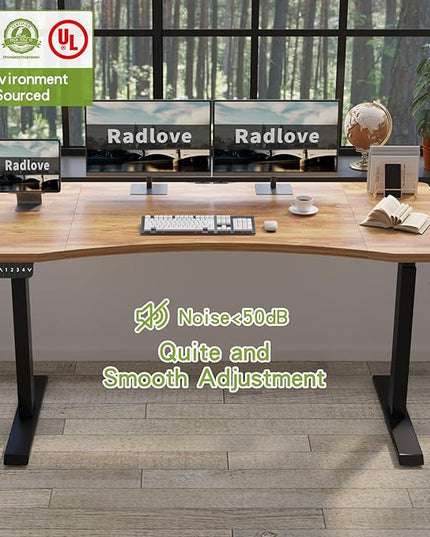 Radlove Dual Motors Height Adjustable 63 x 30 Electric Standing Desk with Curved Design Stand Up Table 4 Memory Keys, Computer Desk with Splice Board Home Office Desk, Light Brown Top + Black Frame - LeafyLoom