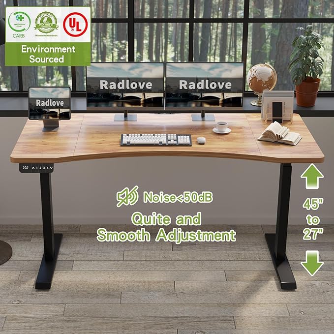 Radlove Dual Motors Height Adjustable 63 x 30 Electric Standing Desk with Curved Design Stand Up Table 4 Memory Keys, Computer Desk with Splice Board Home Office Desk, Light Brown Top + Black Frame - LeafyLoom