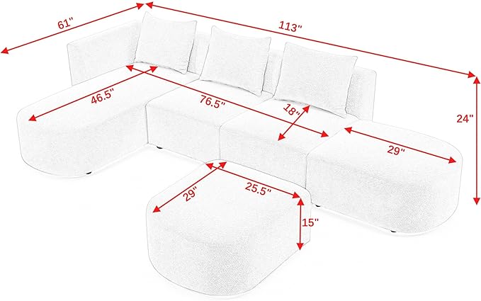 113" L-Shape Sectional Side Chaise and Ottoman, Modular Sofa, DIY Combination, Loop Yarn Fabric for Living Room, Apartment, 113inch, Beige Left - LeafyLoom