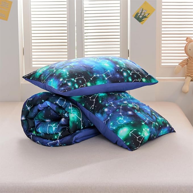 Holawakaka Tie Dye Constellation Print Ombre Comforter Set Queen Size Girls Boys Gradient Galaxy Bedding Set (Black Green,Queen) - LeafyLoom