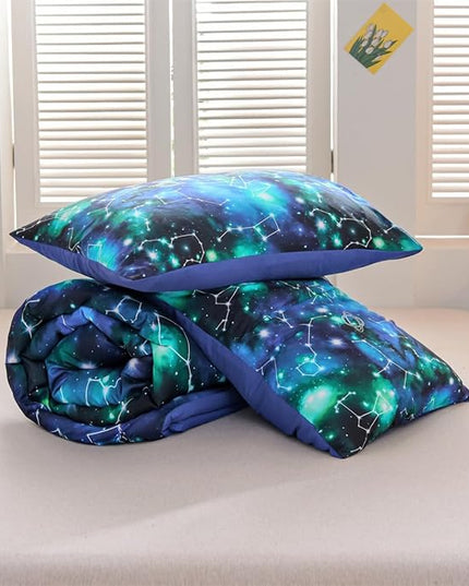 Holawakaka Tie Dye Constellation Print Ombre Comforter Set Twin Size Girls Boys Gradient Galaxy Bedding Set (Black Green,Twin) - LeafyLoom