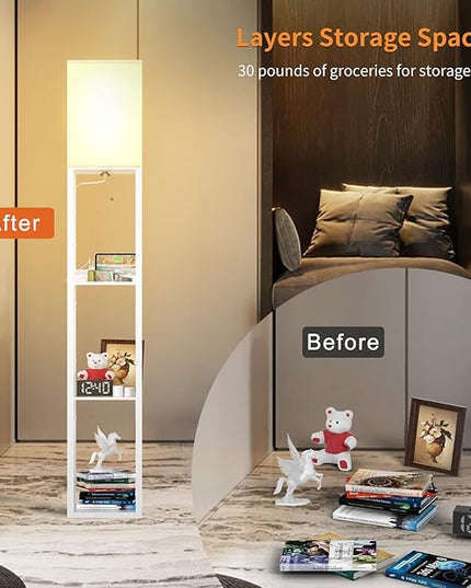 PAZZO Floor Lamp with Shelves, Shelf Floor Lamps by Real Solid Wood with 2 Charging Ports and 1 Power Outlet, Floor Lamps for Bedrooms, Lamps for Living Room,Bulb Included,White - LeafyLoom