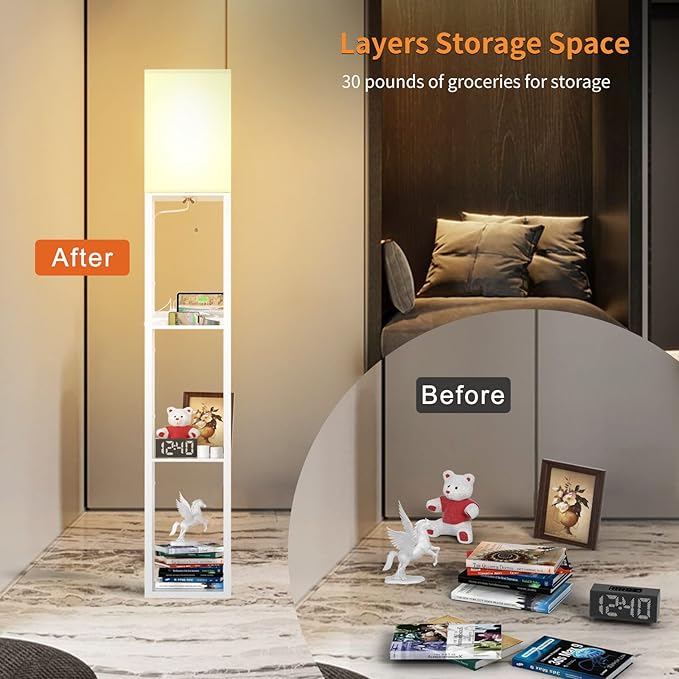 PAZZO Floor Lamp with Shelves, Shelf Floor Lamps by Real Solid Wood with 2 Charging Ports and 1 Power Outlet, Floor Lamps for Bedrooms, Lamps for Living Room,Bulb Included,White - LeafyLoom