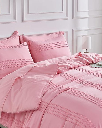 ENJOHOS Queen Comforter Set 7 Piece - Pink Comforters Queen Size, Queen Bed in a Bag Set, Boho Tufted Bedding Comforter Set with Pom Pom Design, Lightweight Soft Microfiber Comforter Bed Set - LeafyLoom