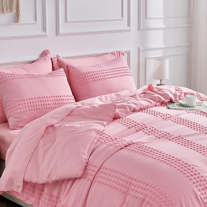 ENJOHOS Queen Comforter Set 7 Piece - Pink Comforters Queen Size, Queen Bed in a Bag Set, Boho Tufted Bedding Comforter Set with Pom Pom Design, Lightweight Soft Microfiber Comforter Bed Set - LeafyLoom