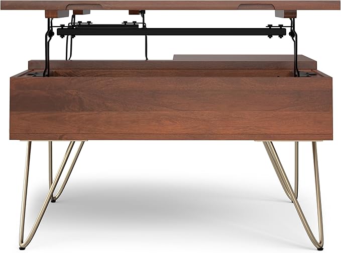 SIMPLIHOME Hunter SOLID MANGO WOOD Wide Square Industrial Lift Top Coffee Table for The Living Family Room, 32 inch, Umber Brown, Gold - LeafyLoom