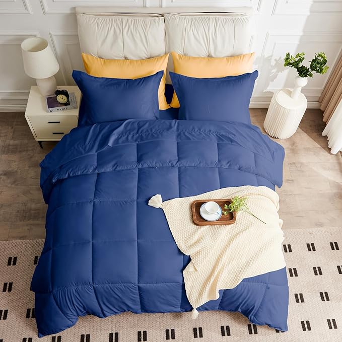 California King Size Comforter Set - 3 Pieces, 1 Reversible Comforter and 2 Pillowcases,Soft Quilted Warm Fluffy Cooling Bedding for All Season,Navy - LeafyLoom