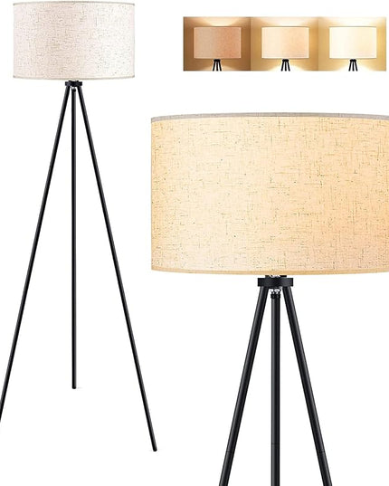 Floor Lamp for Living Room, Tripod Floor Lamp, 15W LED Bulb, 3 Levels Dimmable Brightness, Linen Lamp Shade, Mid Century Standing Lamp for Living Room, Bedroom, Study Room and Office - LeafyLoom
